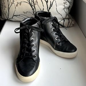 Aldo black high top wedge sneaker heels tie front with zipper sides